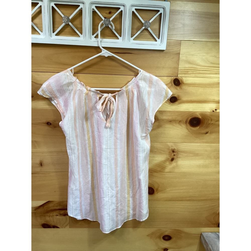 Lauren Conrad Womens Pink Peach Striped Cotton Gauze Tie Blouse Size M - Picture 3 of 10